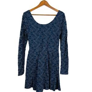 Free People Dress Embroider Floral Casual Flare Scoop Neck Blue Party Date - M